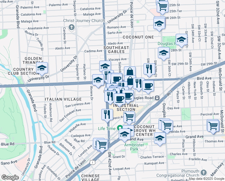 map of restaurants, bars, coffee shops, grocery stores, and more near 14 Salzedo Street in Coral Gables