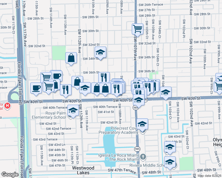 map of restaurants, bars, coffee shops, grocery stores, and more near 3745 Southwest 109th Avenue in Miami