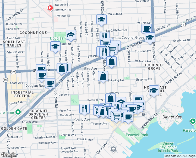 map of restaurants, bars, coffee shops, grocery stores, and more near 3072 Indiana Street in Miami