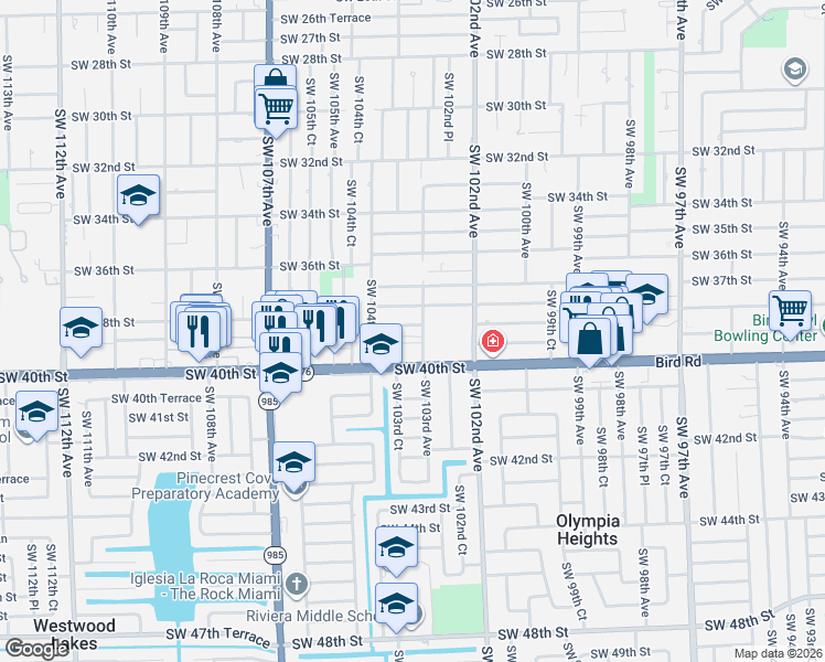 map of restaurants, bars, coffee shops, grocery stores, and more near 10335 Southwest 38th Terrace in Miami