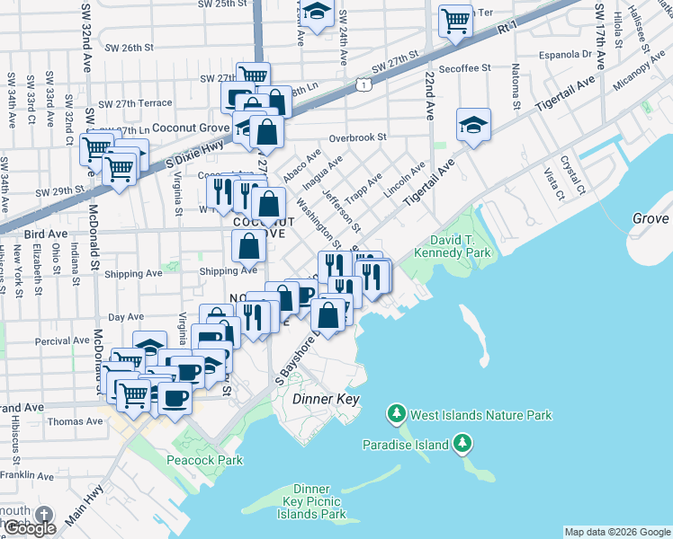 map of restaurants, bars, coffee shops, grocery stores, and more near 3201 Aviation Avenue in Miami
