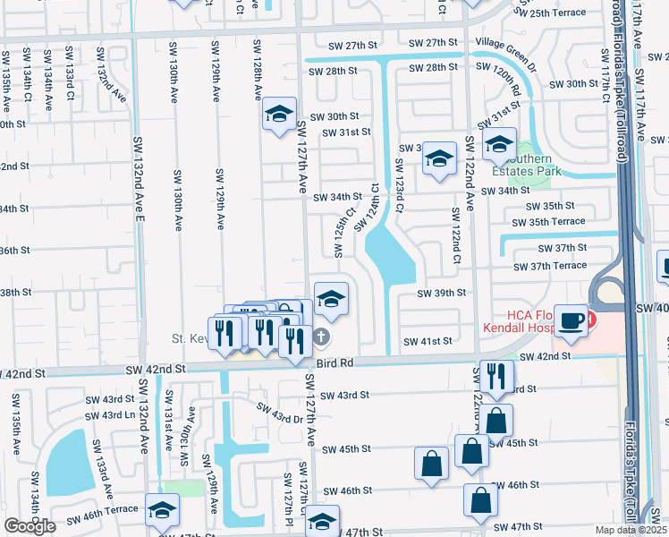 map of restaurants, bars, coffee shops, grocery stores, and more near 12560 Southwest 37th Street in Miami