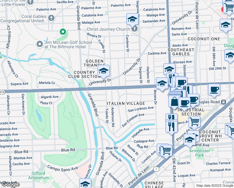 map of restaurants, bars, coffee shops, grocery stores, and more near 4000 Monserrate Street in Coral Gables