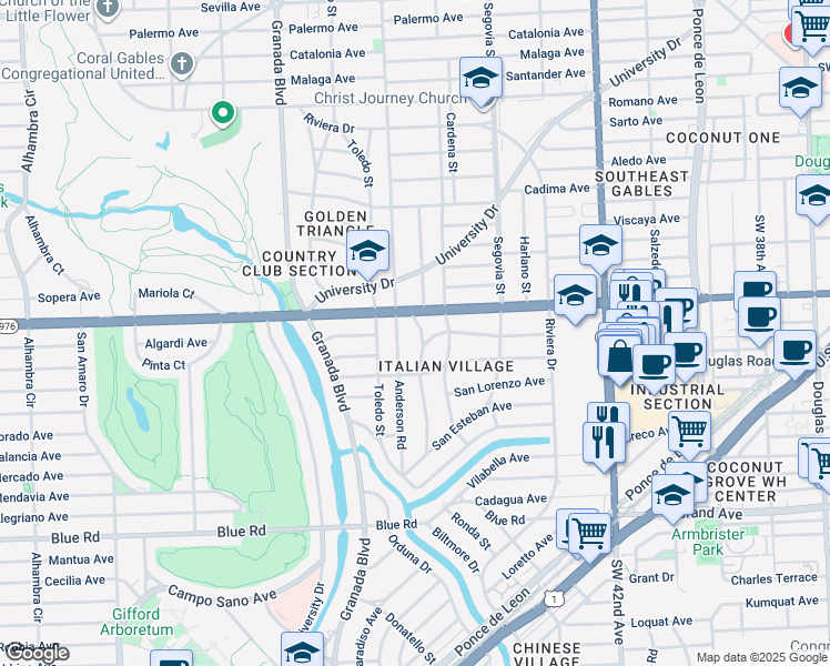map of restaurants, bars, coffee shops, grocery stores, and more near 4000 Monserrate Street in Coral Gables
