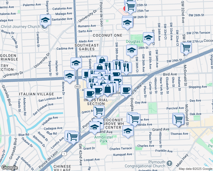 map of restaurants, bars, coffee shops, grocery stores, and more near 3052 Southwest 38th Court in Miami