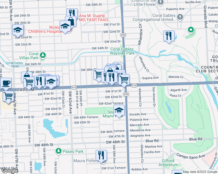 map of restaurants, bars, coffee shops, grocery stores, and more near 5820 Southwest 40th Street in Miami