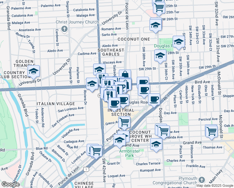 map of restaurants, bars, coffee shops, grocery stores, and more near 14 Salzedo Street in Coral Gables