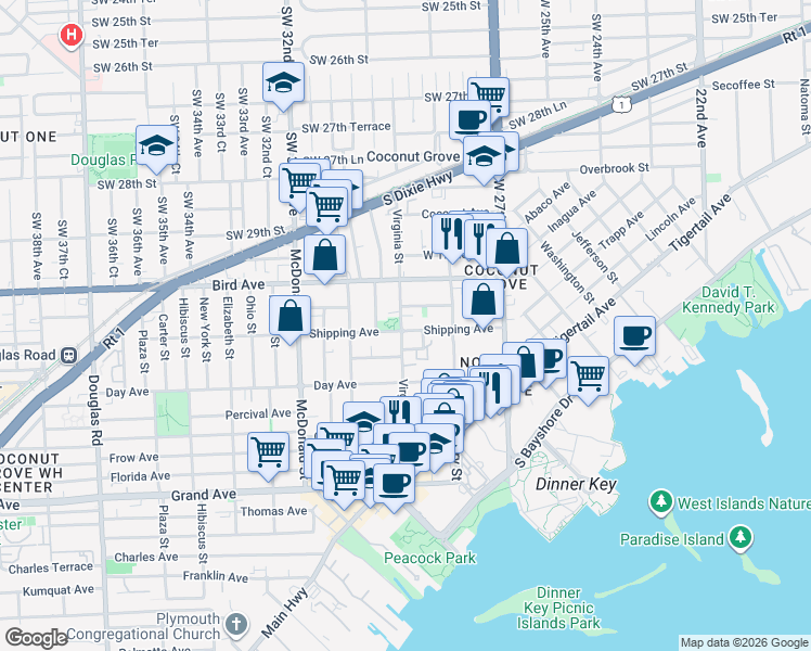 map of restaurants, bars, coffee shops, grocery stores, and more near 3081 Virginia Street in Miami