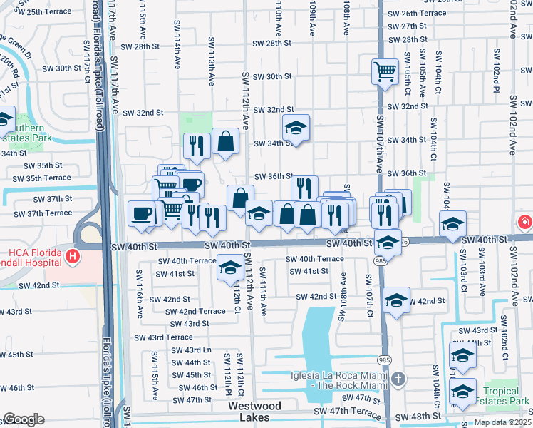 map of restaurants, bars, coffee shops, grocery stores, and more near 11030 Southwest 38th Street in Miami