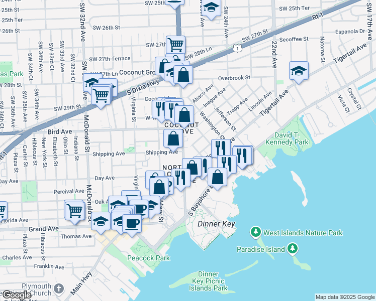 map of restaurants, bars, coffee shops, grocery stores, and more near 3073 Blaine Street in Miami