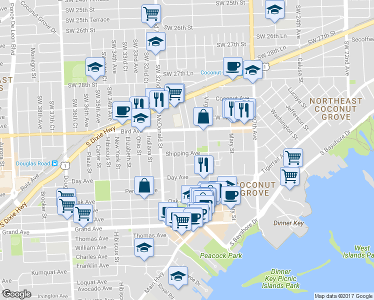 map of restaurants, bars, coffee shops, grocery stores, and more near 3070 Matilda Street in Miami
