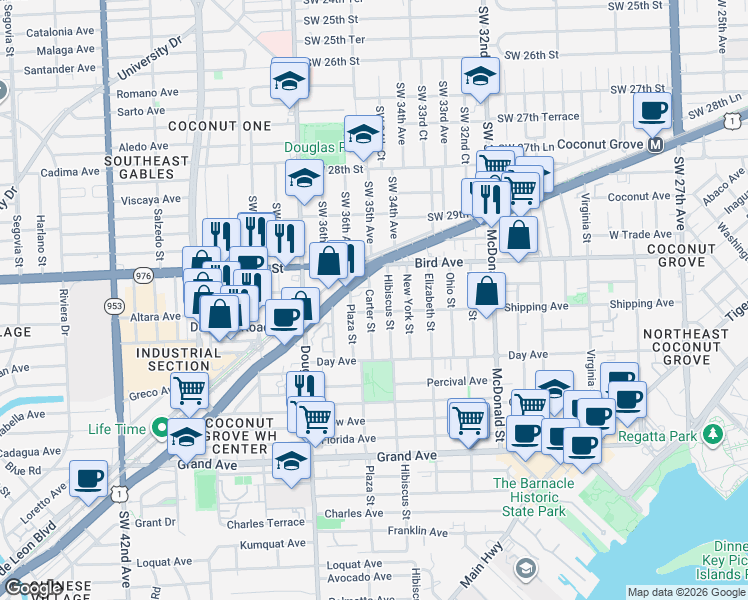 map of restaurants, bars, coffee shops, grocery stores, and more near 3055 Plaza Street in Miami