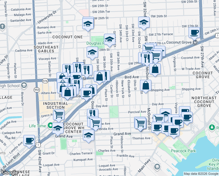 map of restaurants, bars, coffee shops, grocery stores, and more near 3055 Plaza Street in Miami