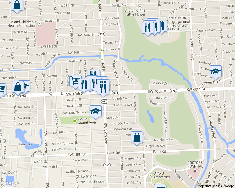 map of restaurants, bars, coffee shops, grocery stores, and more near 4000 Alhambra Circle in Coral Gables