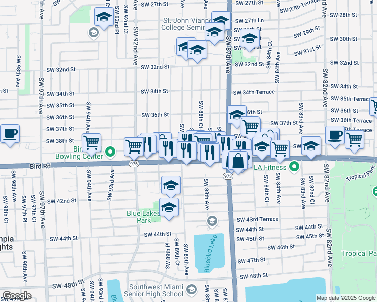 map of restaurants, bars, coffee shops, grocery stores, and more near 3840 Southwest 88th Court in Miami