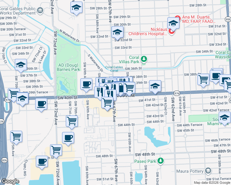 map of restaurants, bars, coffee shops, grocery stores, and more near 6691 Bird Road in Miami