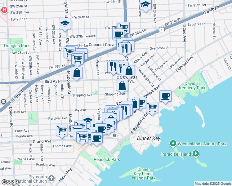 map of restaurants, bars, coffee shops, grocery stores, and more near 2869 Shipping Avenue in Miami