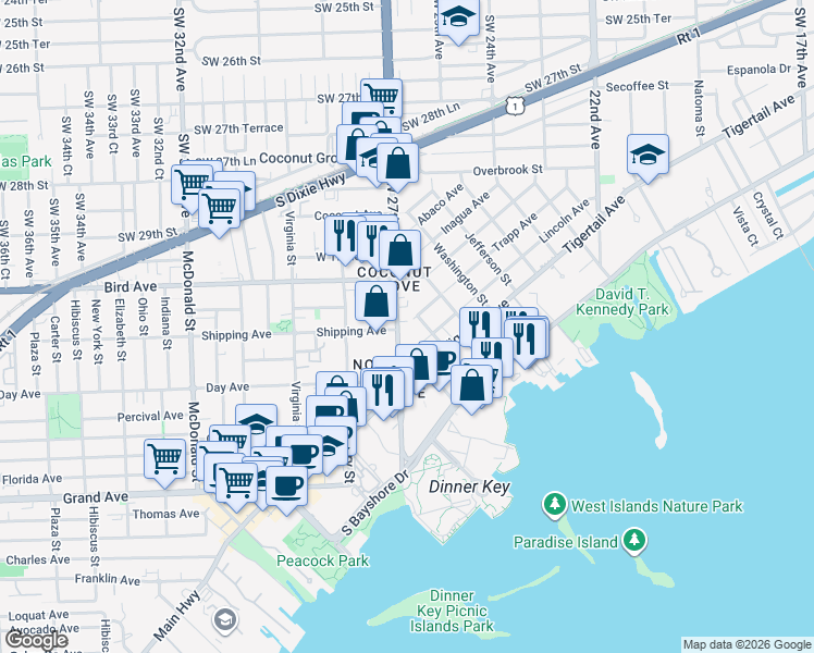 map of restaurants, bars, coffee shops, grocery stores, and more near 3073 Blaine Street in Miami