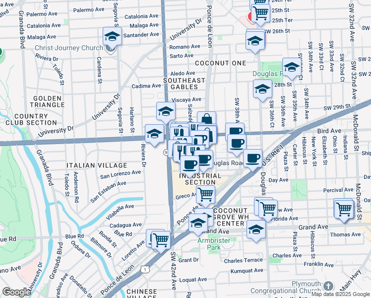 map of restaurants, bars, coffee shops, grocery stores, and more near 14 Salzedo Street in Coral Gables