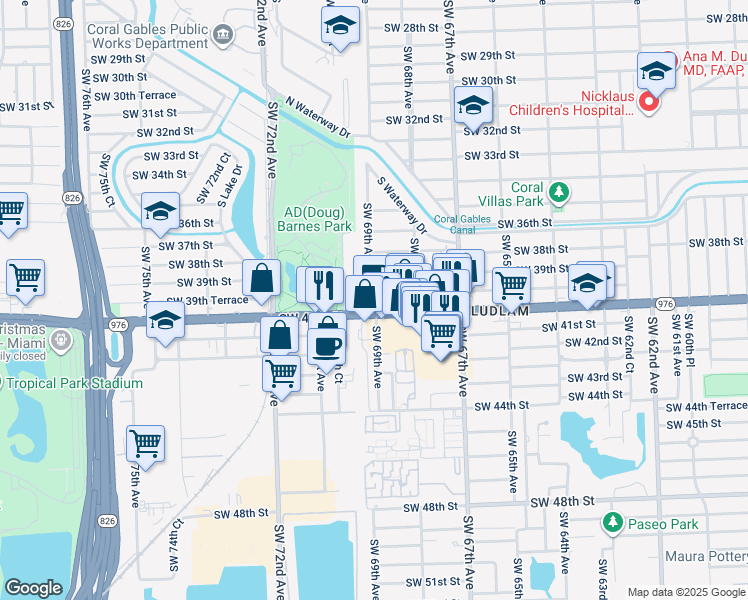 map of restaurants, bars, coffee shops, grocery stores, and more near 3950 Southwest 69th Avenue in Miami