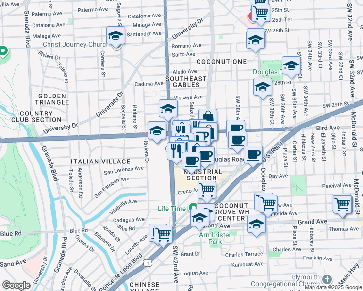 map of restaurants, bars, coffee shops, grocery stores, and more near 14 Salzedo Street in Coral Gables