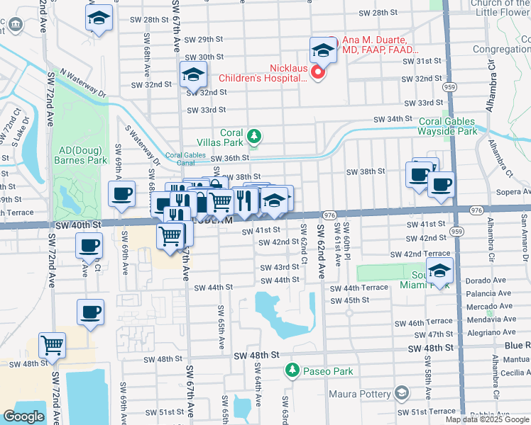 map of restaurants, bars, coffee shops, grocery stores, and more near 6361 Southwest 40th Street in Miami