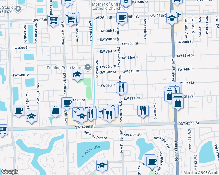 map of restaurants, bars, coffee shops, grocery stores, and more near 14270 SW 36th St in Miami