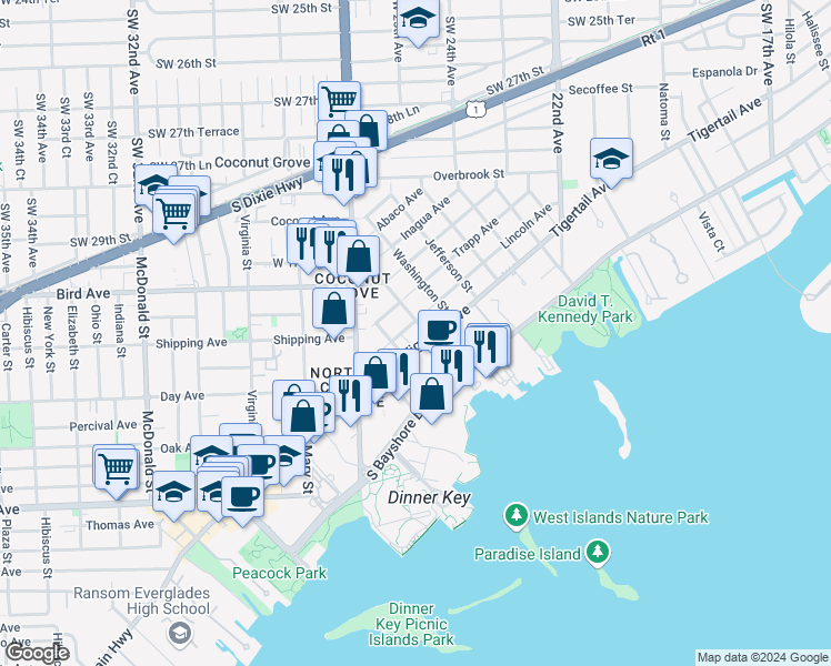 map of restaurants, bars, coffee shops, grocery stores, and more near 3124 Aviation Avenue in Miami
