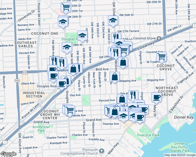map of restaurants, bars, coffee shops, grocery stores, and more near 3071 Elizabeth Street in Miami