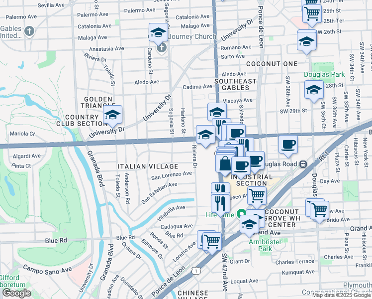 map of restaurants, bars, coffee shops, grocery stores, and more near 515 San Antonio Avenue in Coral Gables