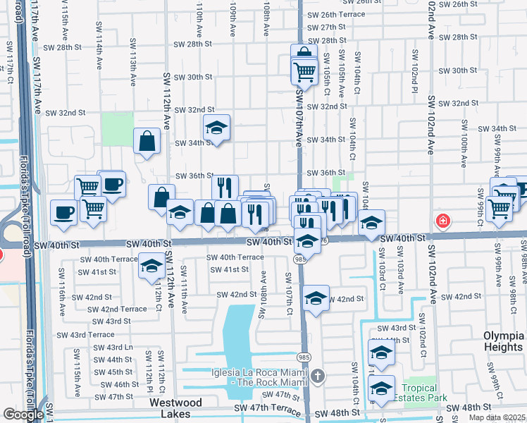 map of restaurants, bars, coffee shops, grocery stores, and more near 10800 Southwest 38th Street in Miami