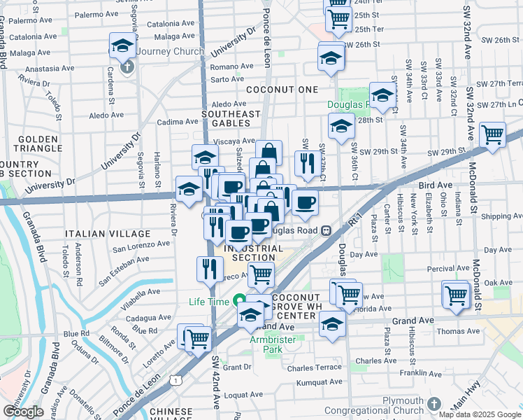 map of restaurants, bars, coffee shops, grocery stores, and more near 4099 Aurora Street in Coral Gables