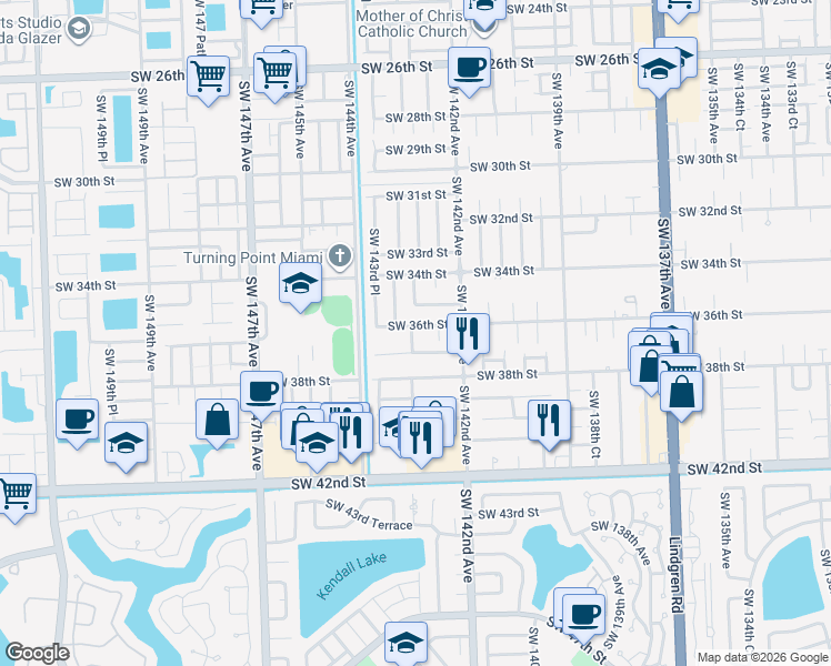 map of restaurants, bars, coffee shops, grocery stores, and more near 14270 Southwest 36th Street in Miami