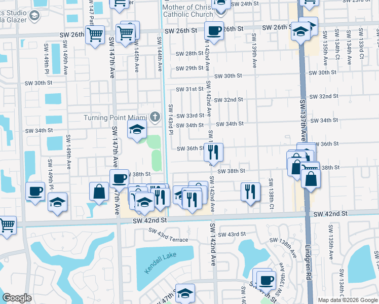 map of restaurants, bars, coffee shops, grocery stores, and more near 14270 Southwest 36th Street in Miami