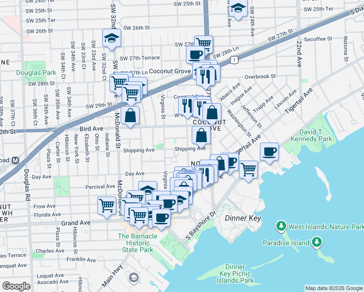 map of restaurants, bars, coffee shops, grocery stores, and more near 3081 Mary Street in Miami