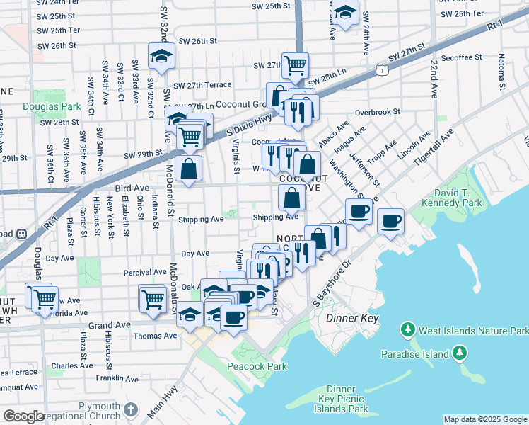 map of restaurants, bars, coffee shops, grocery stores, and more near 3081 Mary Street in Miami