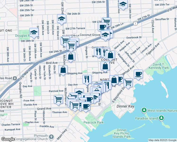 map of restaurants, bars, coffee shops, grocery stores, and more near 2965 Shipping Avenue in Miami