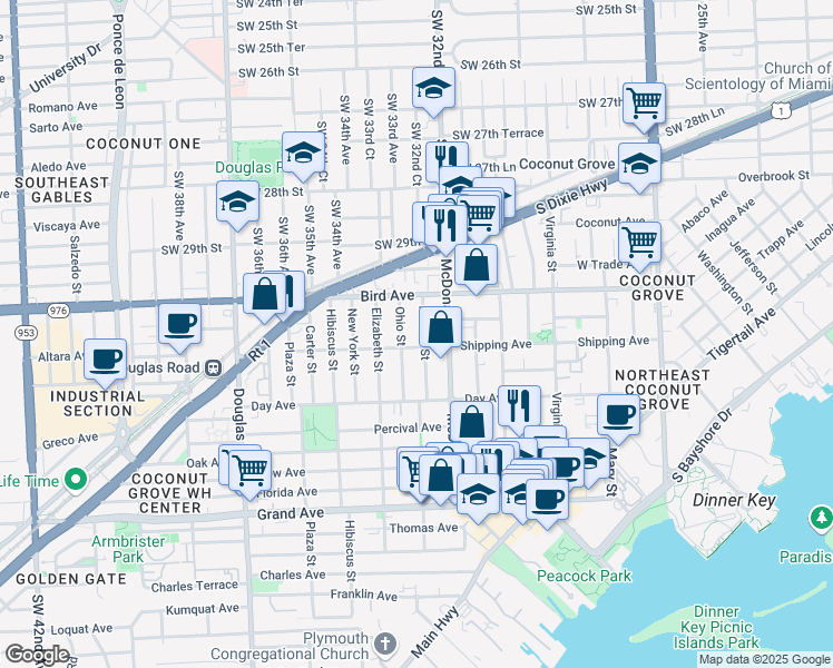 map of restaurants, bars, coffee shops, grocery stores, and more near 3072 Indiana Street in Miami