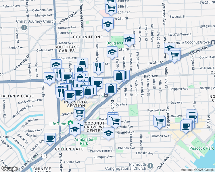 map of restaurants, bars, coffee shops, grocery stores, and more near 3090 Peacock Avenue in Miami