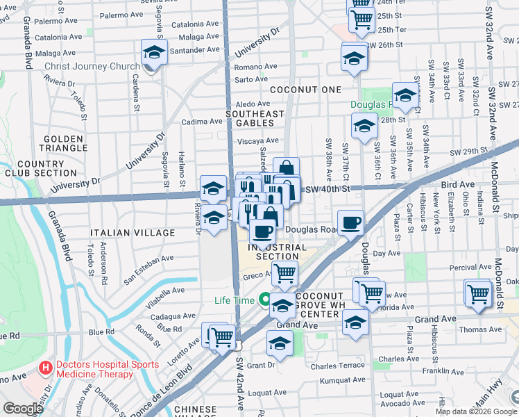 map of restaurants, bars, coffee shops, grocery stores, and more near 14 Salzedo Street in Coral Gables