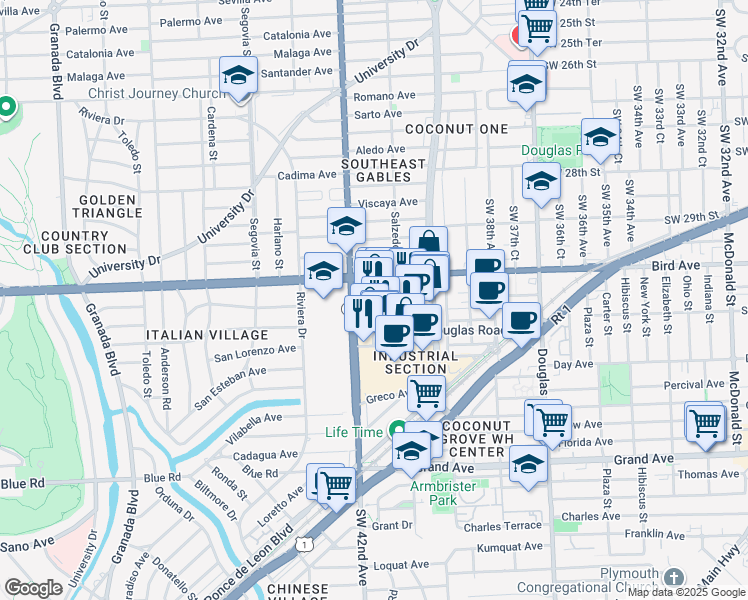 map of restaurants, bars, coffee shops, grocery stores, and more near 14 Salzedo Street in Coral Gables
