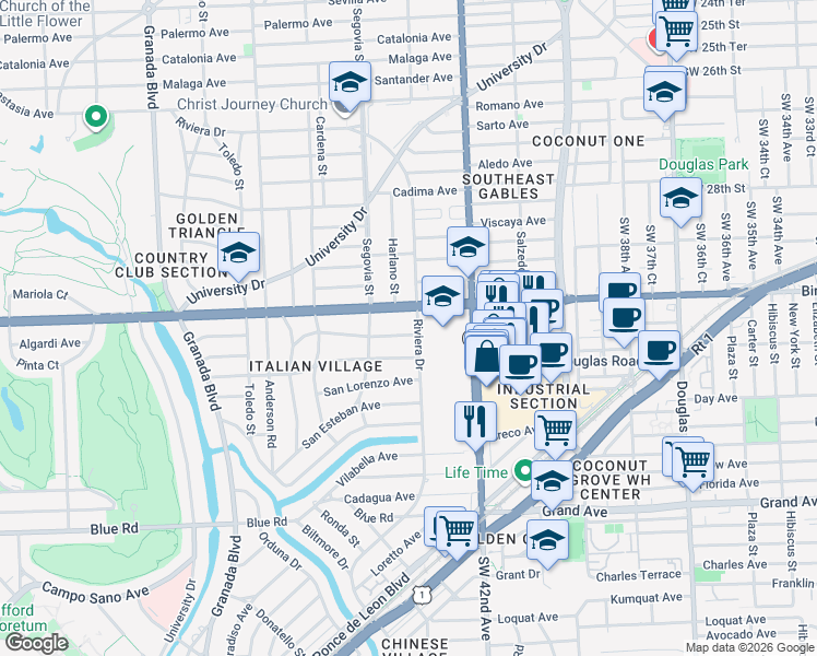 map of restaurants, bars, coffee shops, grocery stores, and more near 515 San Antonio Avenue in Coral Gables