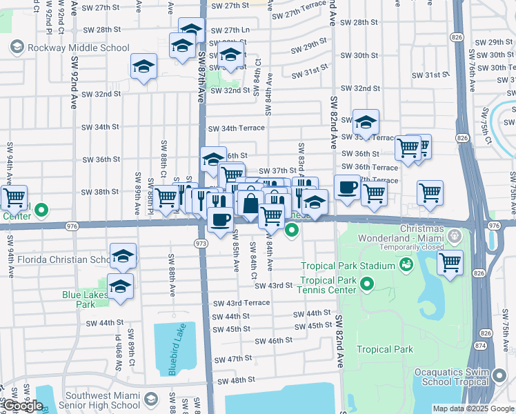 map of restaurants, bars, coffee shops, grocery stores, and more near 8437 Bird Road in Miami