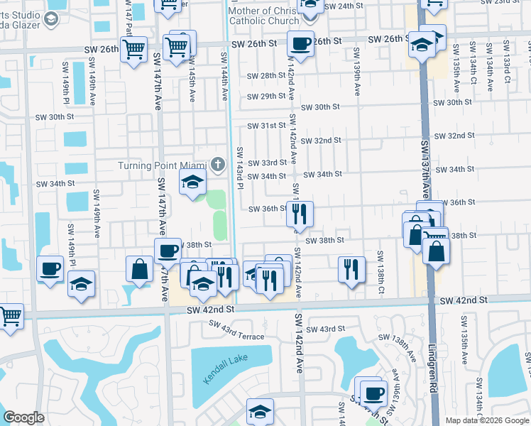 map of restaurants, bars, coffee shops, grocery stores, and more near 14270 Southwest 36th Street in Miami