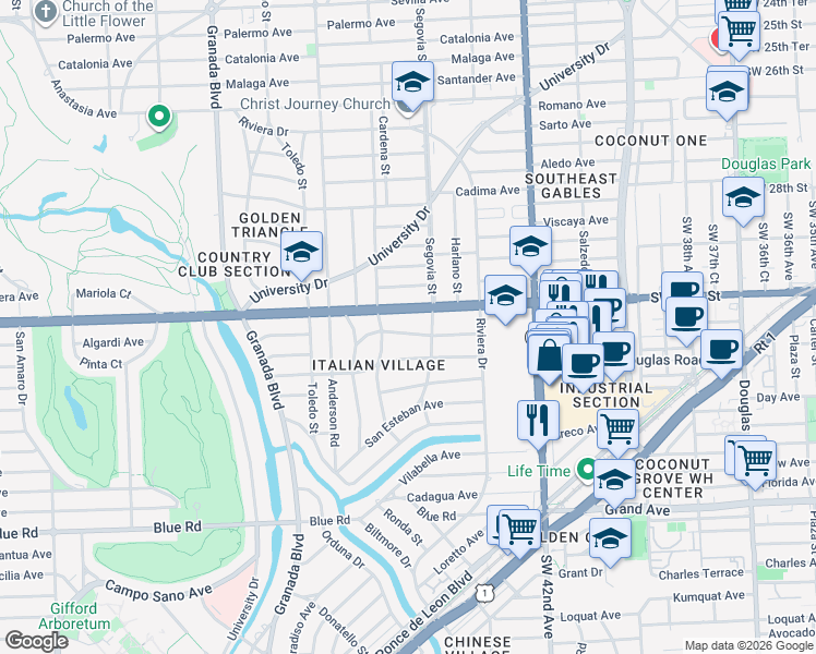 map of restaurants, bars, coffee shops, grocery stores, and more near 621 San Antonio Avenue in Coral Gables
