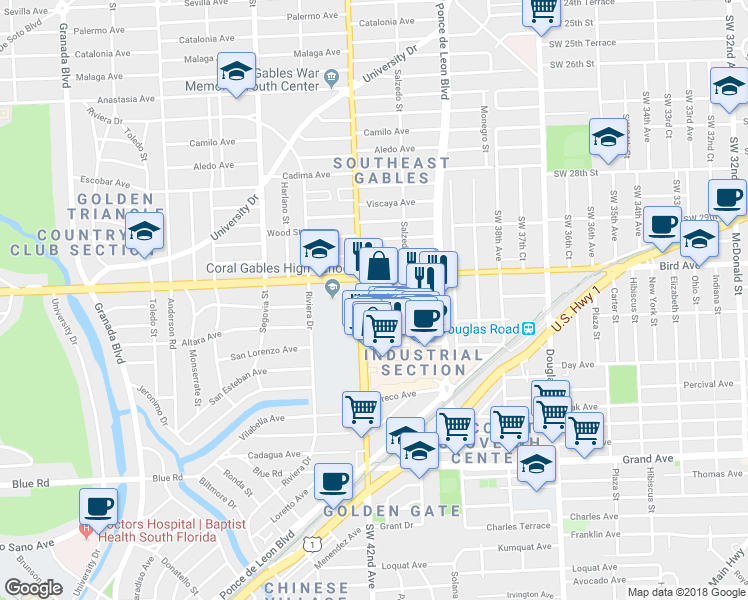 map of restaurants, bars, coffee shops, grocery stores, and more near in Coral Gables