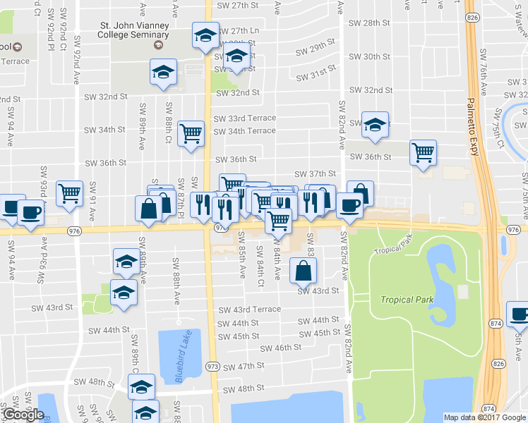 map of restaurants, bars, coffee shops, grocery stores, and more near 8437 Bird Road in Miami