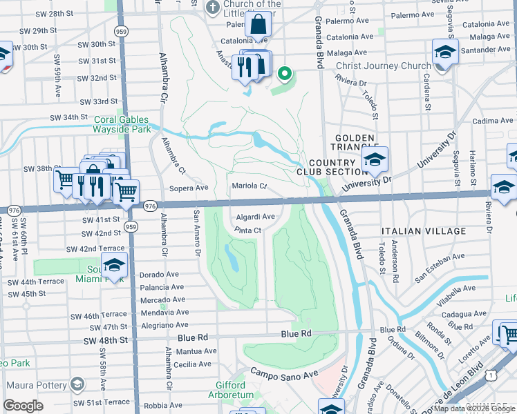 map of restaurants, bars, coffee shops, grocery stores, and more near 1230 Bird Road in Coral Gables