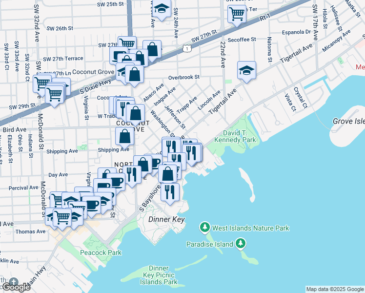 map of restaurants, bars, coffee shops, grocery stores, and more near 0 Camino Circle in Miami