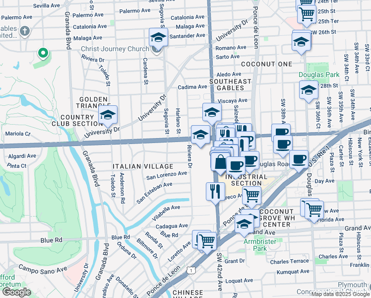 map of restaurants, bars, coffee shops, grocery stores, and more near 515 San Antonio Avenue in Coral Gables